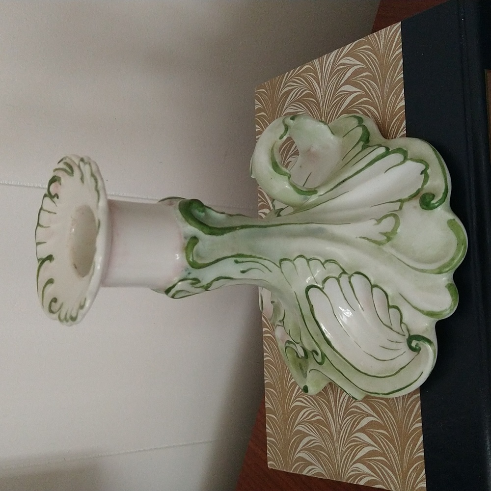 Vintage / Antique France Ceramic Candle Stick Green & White